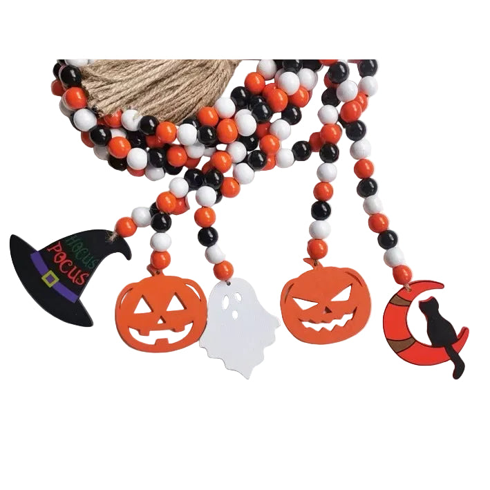 Halloween Wooden Bead Wreath Pumpkin Ghost Hemp Rope Tassel Party Decoration Hanging Ornaments