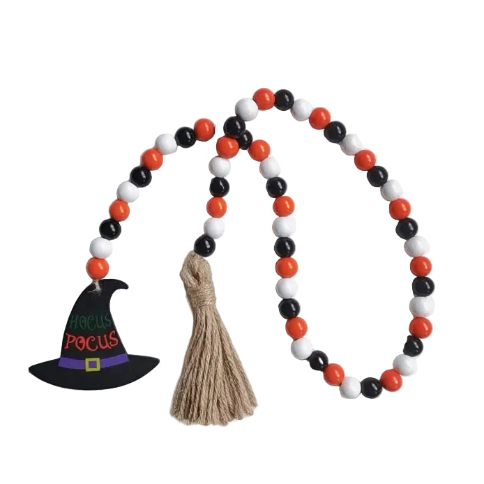 Halloween Wooden Bead Wreath Pumpkin Ghost Hemp Rope Tassel Party Decoration Hanging Ornaments