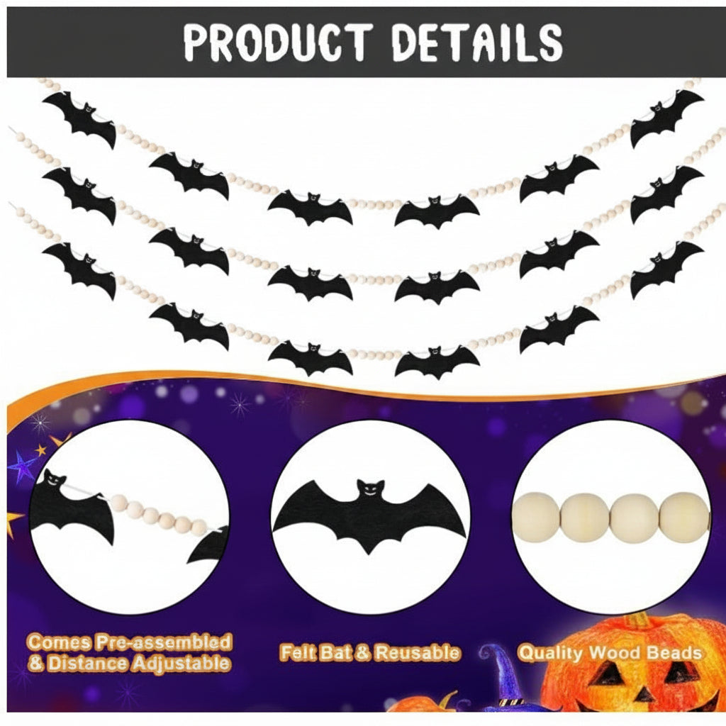 Indoor decoration felt bat wooden beads Garland for Halloween party haunted house decoration hanging ornaments