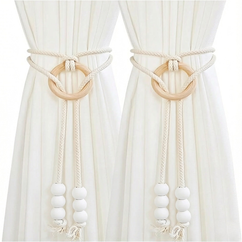 Curtain  Tiebacks with Cotton Rope Weaving Adjustable Sheer Curtain Strap Storage Clips Cream-Style Hanging Ball Decorations