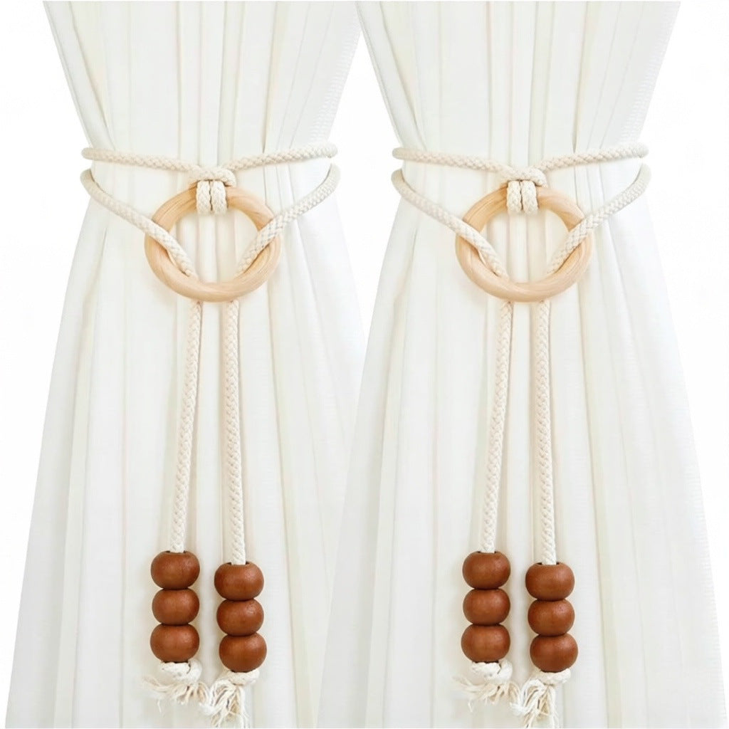 Curtain  Tiebacks with Cotton Rope Weaving Adjustable Sheer Curtain Strap Storage Clips Cream-Style Hanging Ball Decorations