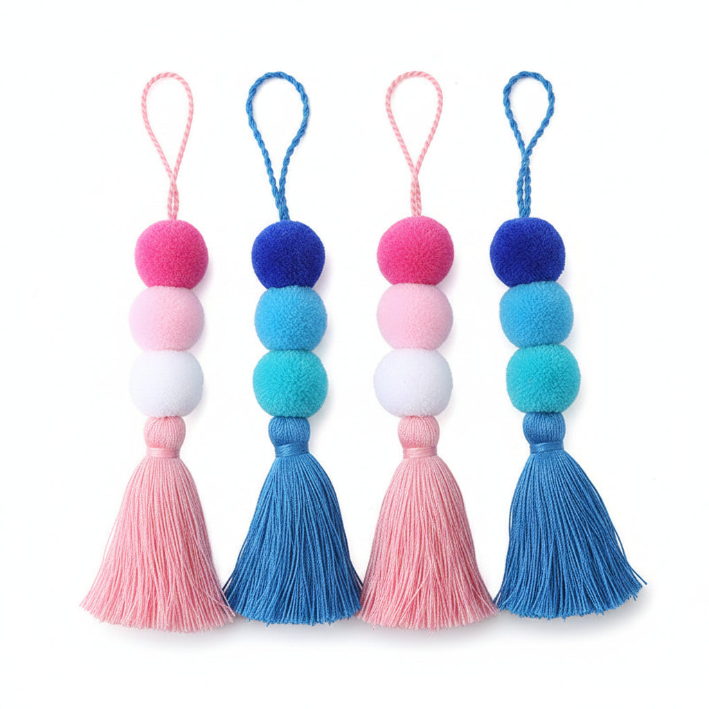 2PCs Pom-Pom Pendant Cashmere Clothing and Bag Accessories Three-Color Gradient Color-Blocking Tassel