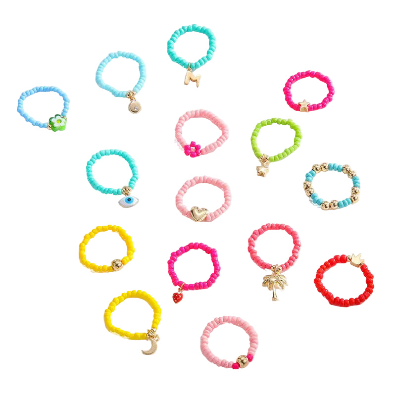 2PCs Mixed Color Beaded Star Smiley Multi-Row Stacked Summer Ring /Finger Rings/Toe Rings Set for Women