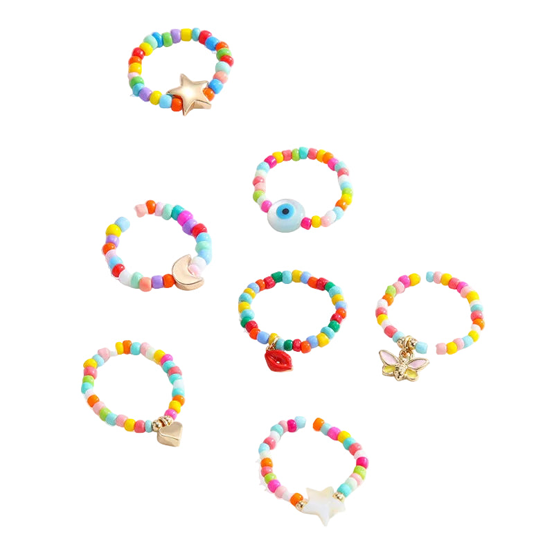 2PCs Mixed Color Beaded Star Smiley Multi-Row Stacked Summer Ring /Finger Rings/Toe Rings Set for Women