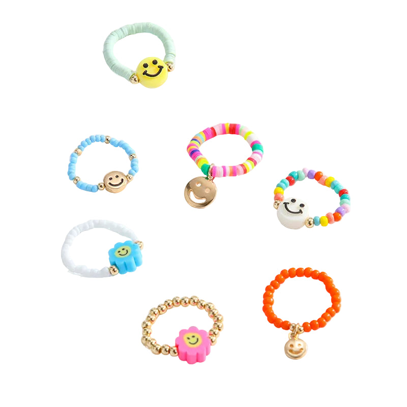 2PCs Mixed Color Beaded Star Smiley Multi-Row Stacked Summer Ring /Finger Rings/Toe Rings Set for Women