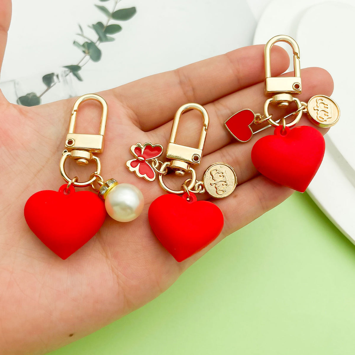 Pearl Heart Keychain Pendant Girly Heart Red Glossy Peach Heart Accessories Small Fresh Couple Bag Pendant