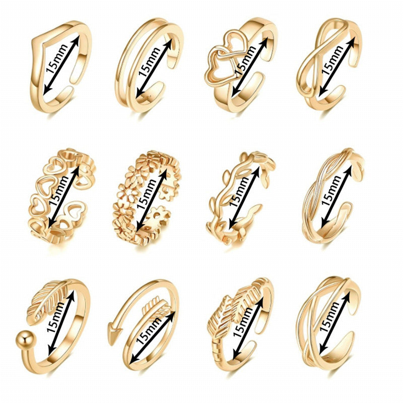 12Pcs Hollow-Out Adjustable Open-Toe Rings for Women Beach Toe Rings
