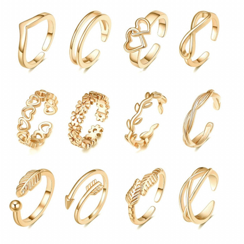 12Pcs Hollow-Out Adjustable Open-Toe Rings for Women Beach Toe Rings