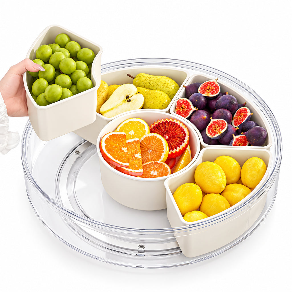 Six-compartment rotating fruit plate with handle sealed moisture-proof dried fruit plate portable household round snack box with lid