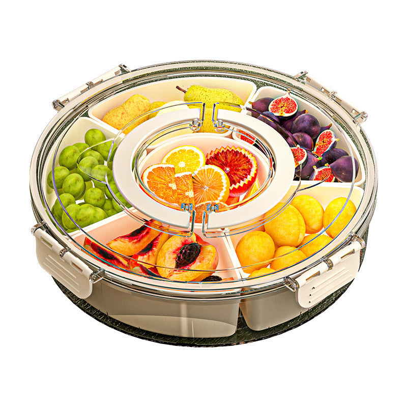 Six-compartment rotating fruit plate with handle sealed moisture-proof dried fruit plate portable household round snack box with lid