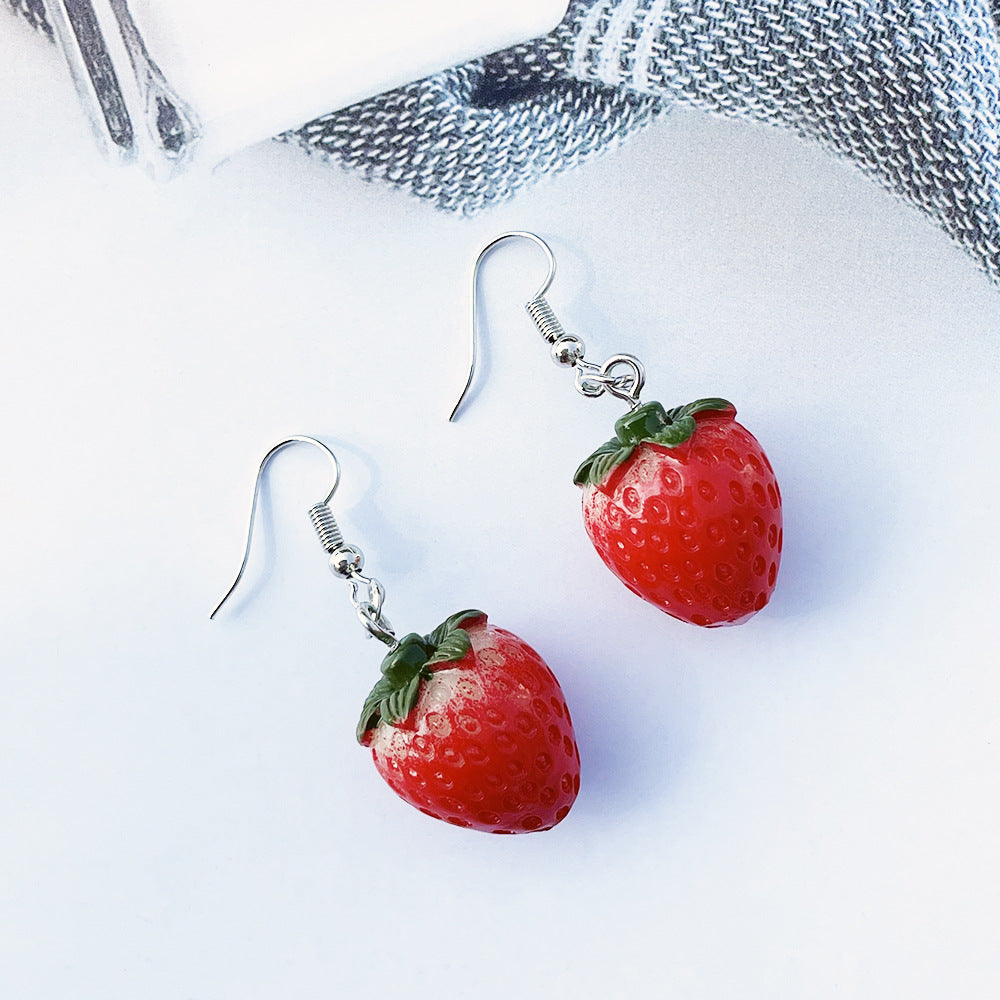 Korean Style Fashionable Fresh and Sweet Simulated Resin Fruit Strawberry Fun Earrings