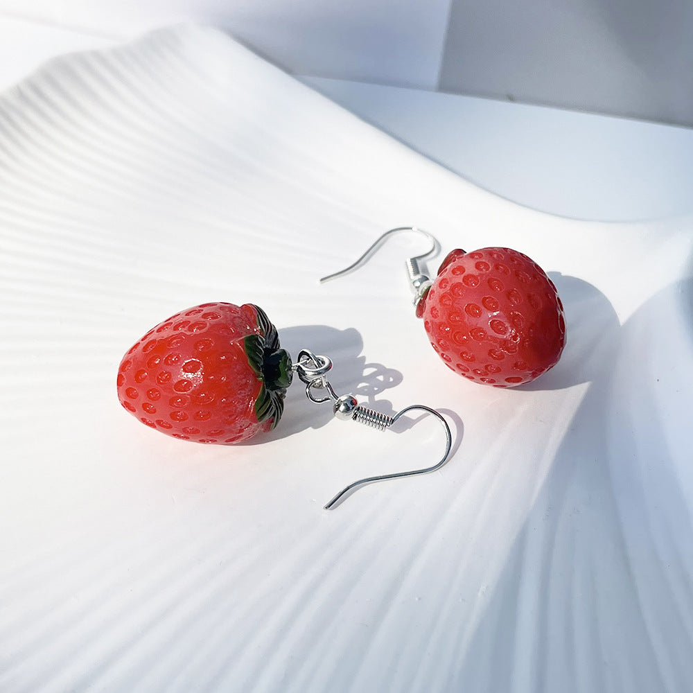Korean Style Fashionable Fresh and Sweet Simulated Resin Fruit Strawberry Fun Earrings