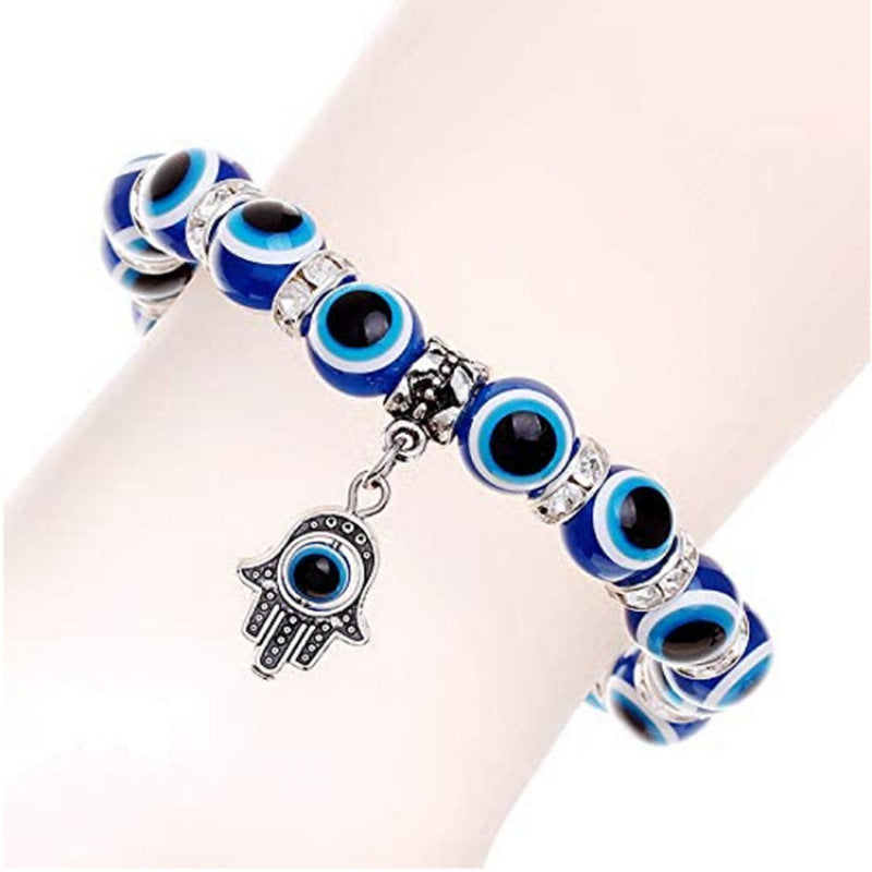 Amazon's Hottest Devil's Eye Fatima Palm Crystal Bracelet Blue Eyes Elastic Beaded Bracelet in Stock