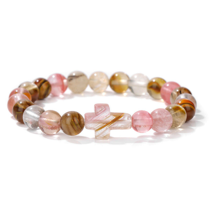 Temu Hot Selling Natural Stone Cross Bracelet Women's Glossy Indian Agate Beads Beaded Bracelet Elastic Bracelet