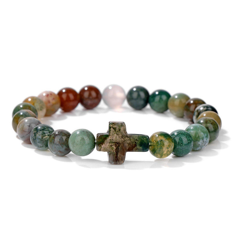 Temu Hot Selling Natural Stone Cross Bracelet Women's Glossy Indian Agate Beads Beaded Bracelet Elastic Bracelet