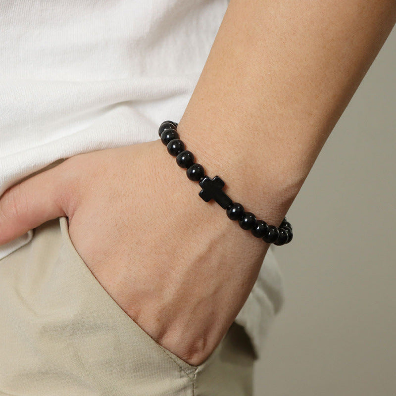 Temu Hot Selling Natural Stone Cross Bracelet Women's Glossy Indian Agate Beads Beaded Bracelet Elastic Bracelet