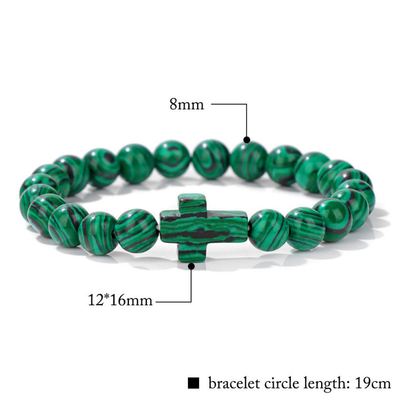 Temu Hot Selling Natural Stone Cross Bracelet Women's Glossy Indian Agate Beads Beaded Bracelet Elastic Bracelet