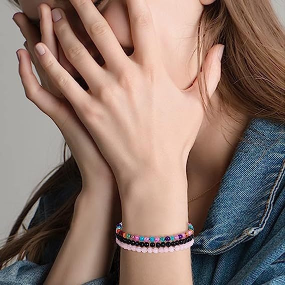 4mm Natural Rose Quartz Bracelet for Women, Retro Simple Elastic Rope Set Combination Jewelry Bracelet Hot Sale