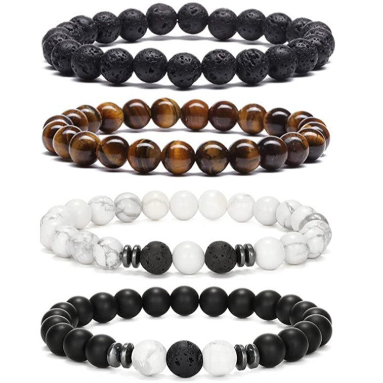 Popular Amazon European and American Men's Fashion Set, Stylish Tiger Eye Volcanic Stone Bracelet, White Pine Snowflake Bracelet, Versatile Accessories