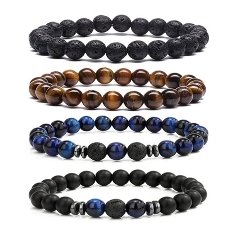 Popular Amazon European and American Men's Fashion Set, Stylish Tiger Eye Volcanic Stone Bracelet, White Pine Snowflake Bracelet, Versatile Accessories