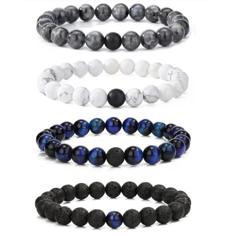 Popular Amazon European and American Men's Fashion Set, Stylish Tiger Eye Volcanic Stone Bracelet, White Pine Snowflake Bracelet, Versatile Accessories