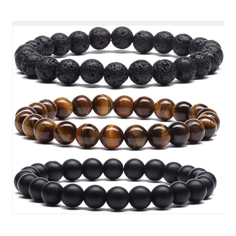 Popular Amazon European and American Men's Fashion Set, Stylish Tiger Eye Volcanic Stone Bracelet, White Pine Snowflake Bracelet, Versatile Accessories
