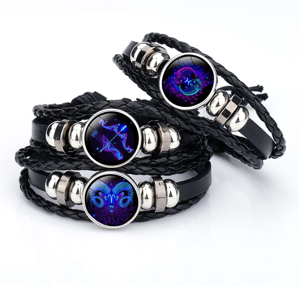 Twelve Zodiac Signs Beaded Handmade Leather Bracelet, New Cross-Border Accessory, In-Stock Wholesale from Yiwu Jewelry Factory