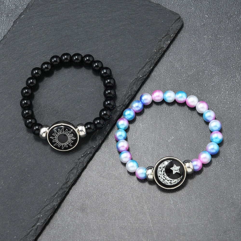 Cross-border hand-woven sun and moon lovers' time leather bracelet, vintage multi-layer beaded peace tree couple's wristband