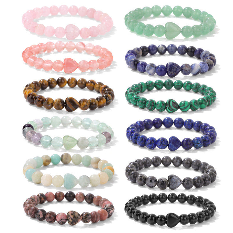 Ozone New Bracelet Natural Stone Heart Bracelet Beads Bracelet Lapis Lazuli Tiger Eye Stone Bracelet Elastic Beads Ready Stock
