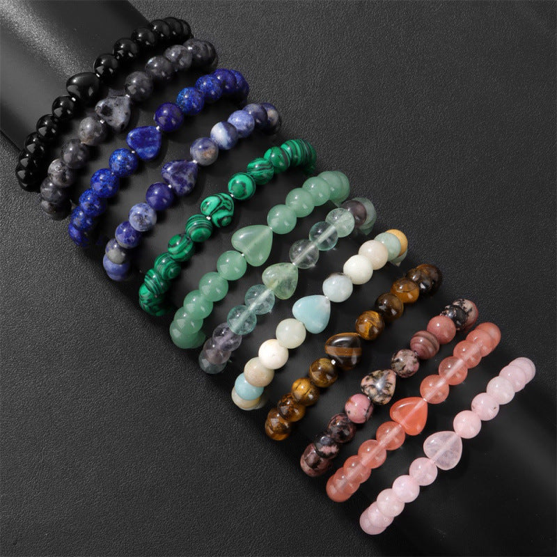Ozone New Bracelet Natural Stone Heart Bracelet Beads Bracelet Lapis Lazuli Tiger Eye Stone Bracelet Elastic Beads Ready Stock