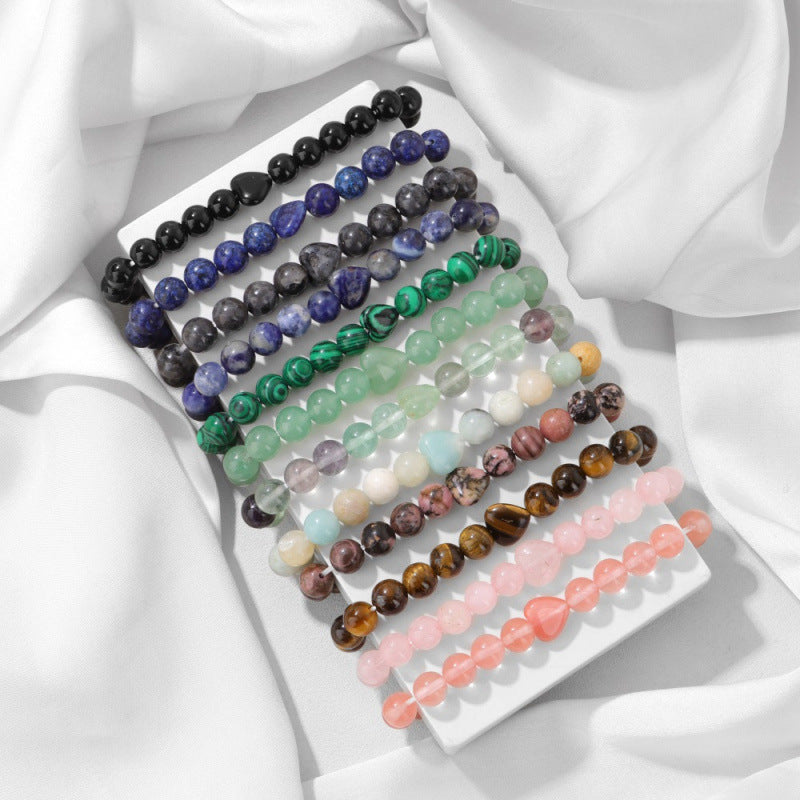 Ozone New Bracelet Natural Stone Heart Bracelet Beads Bracelet Lapis Lazuli Tiger Eye Stone Bracelet Elastic Beads Ready Stock