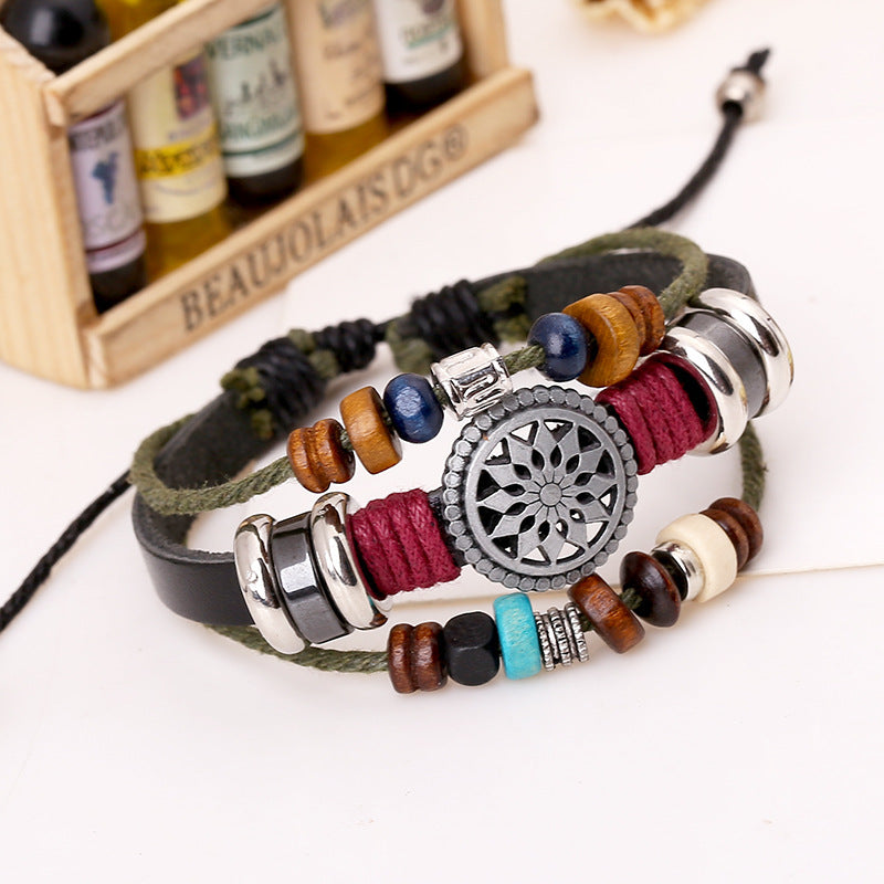 Popular Foreign Trade Fashion Bohemian Sunflower Beaded Bracelet Multi-Layered Elegant Hand-Woven Leather Bracelet