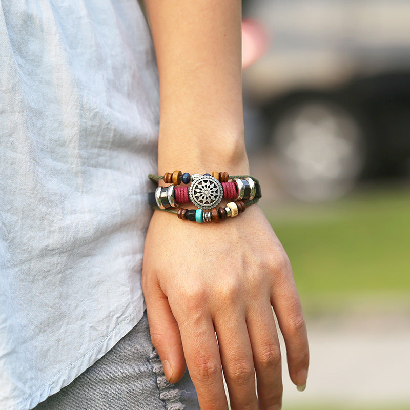 Popular Foreign Trade Fashion Bohemian Sunflower Beaded Bracelet Multi-Layered Elegant Hand-Woven Leather Bracelet