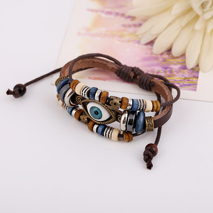Eveil Eye Bracelet, a Popular Foreign Trade Item, Vintage Beaded Leather Jewelry, Wholesale in Stock