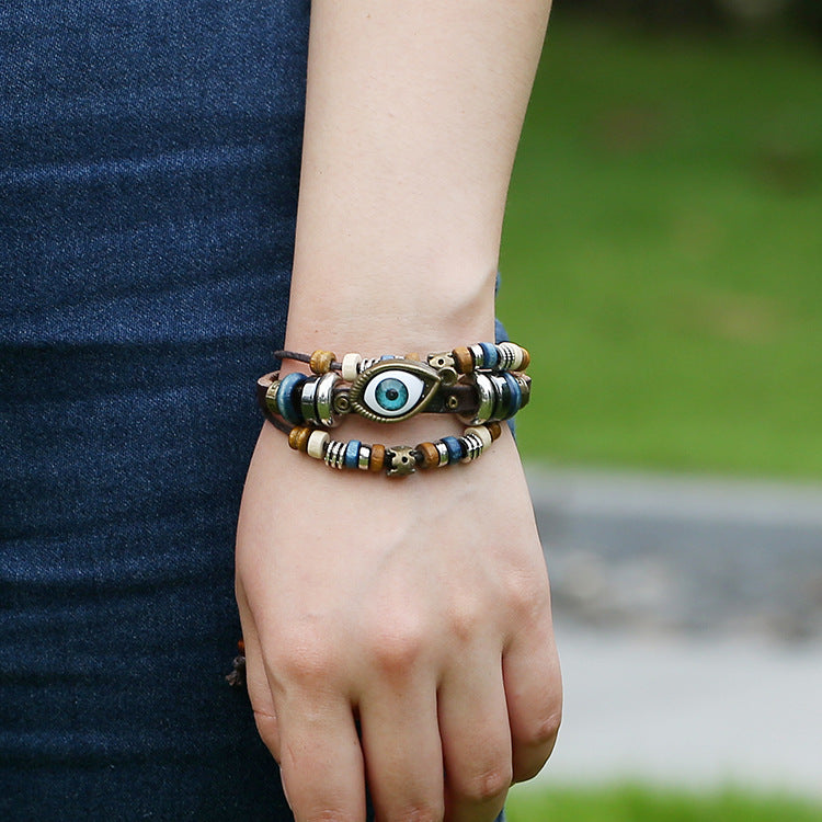 Eveil Eye Bracelet, a Popular Foreign Trade Item, Vintage Beaded Leather Jewelry, Wholesale in Stock