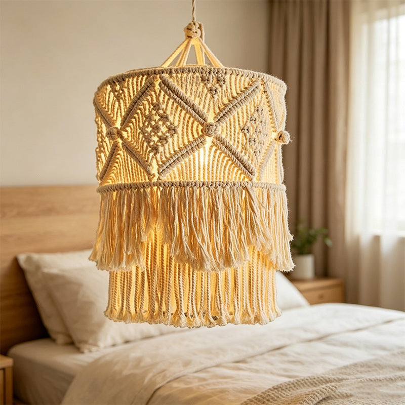 Bohemian Handmade Cotton Rope Woven Pendant Light with Tassel Lampshade for Guesthouse Bedroom, Nordic Pastoral Creative Soft Decor Lighting