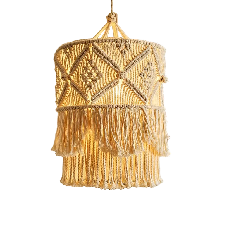 Bohemian Handmade Cotton Rope Woven Pendant Light with Tassel Lampshade for Guesthouse Bedroom, Nordic Pastoral Creative Soft Decor Lighting