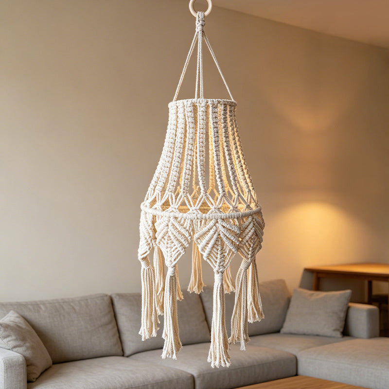 Bohemian Handmade Cotton Rope Woven Pendant Light with Tassel Lampshade for Guesthouse Bedroom, Nordic Pastoral Creative Soft Decor Lighting