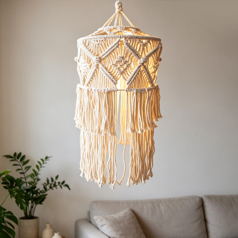 Bohemian Handmade Cotton Rope Woven Pendant Light with Tassel Lampshade for Guesthouse Bedroom, Nordic Pastoral Creative Soft Decor Lighting