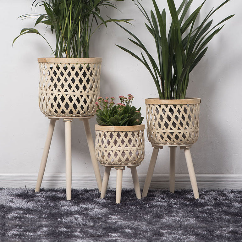 Nordic Style Rattan Flower Pot Indoor Balcony Living Room Plant Green Rose Hand-Woven Wooden High Foot Floor Flower Rack