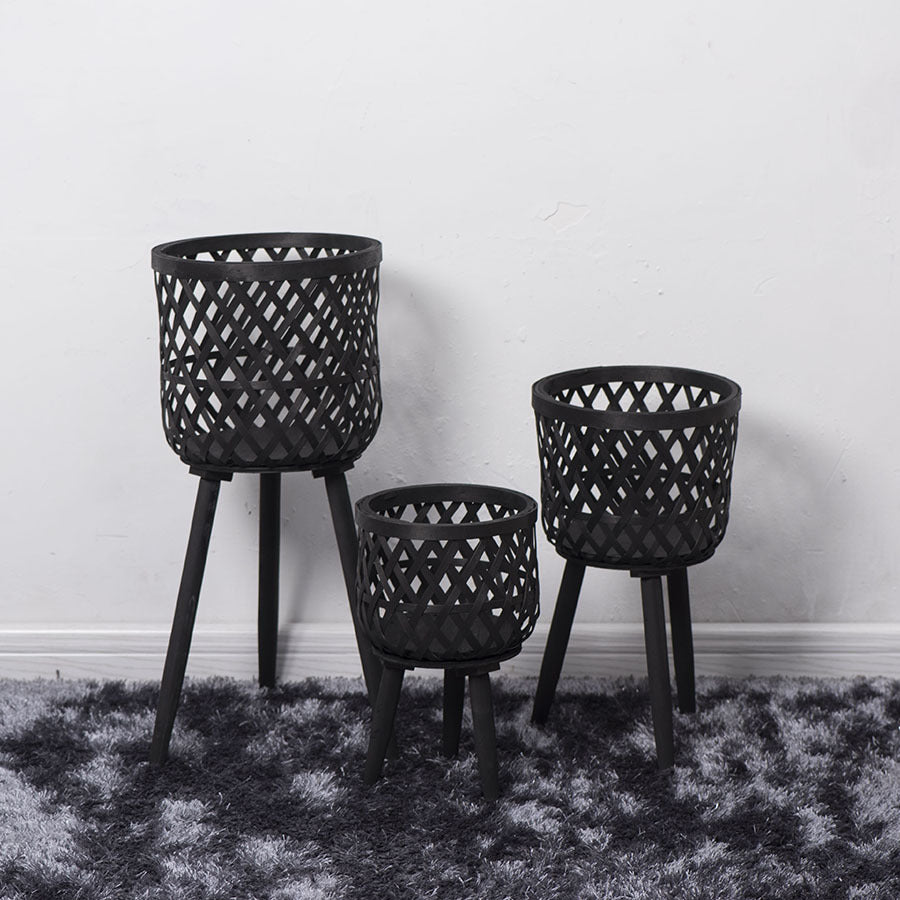 Nordic Style Rattan Flower Pot Indoor Balcony Living Room Plant Green Rose Hand-Woven Wooden High Foot Floor Flower Rack