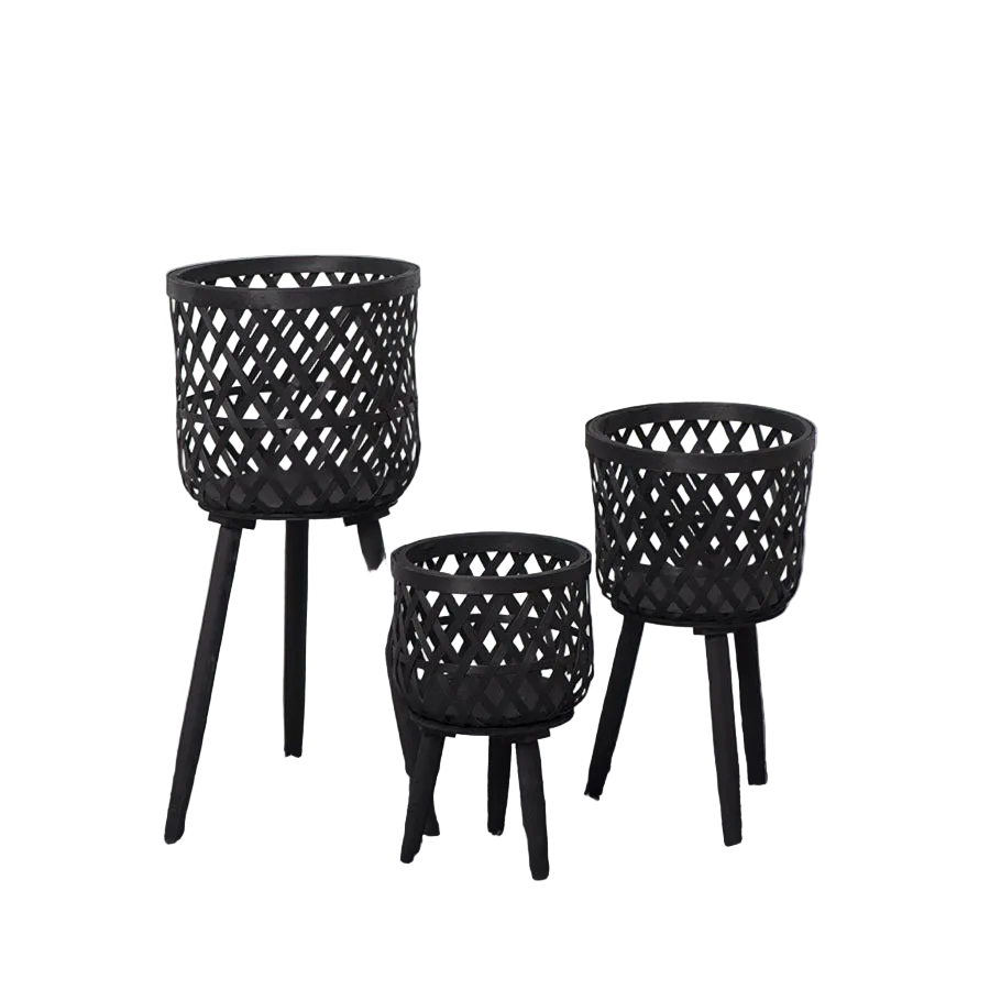 Nordic Style Rattan Flower Pot Indoor Balcony Living Room Plant Green Rose Hand-Woven Wooden High Foot Floor Flower Rack