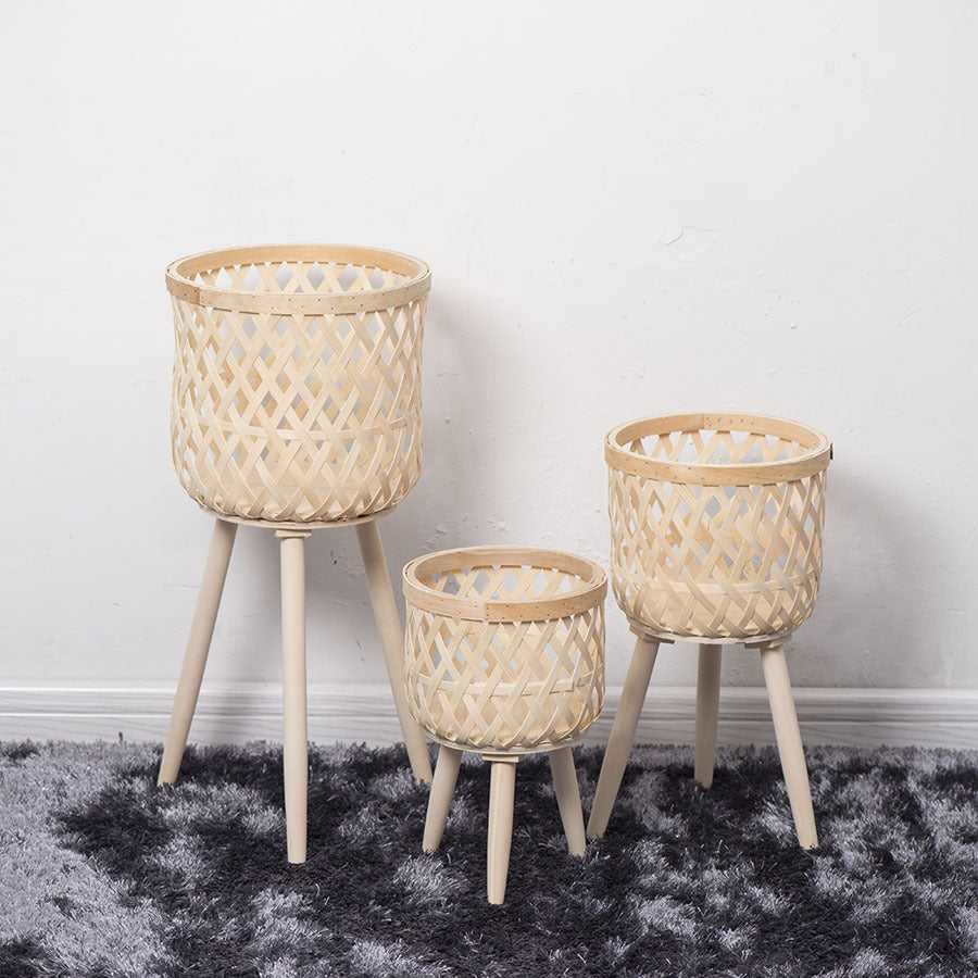 Nordic Style Rattan Flower Pot Indoor Balcony Living Room Plant Green Rose Hand-Woven Wooden High Foot Floor Flower Rack