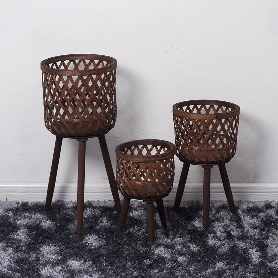 Nordic Style Rattan Flower Pot Indoor Balcony Living Room Plant Green Rose Hand-Woven Wooden High Foot Floor Flower Rack