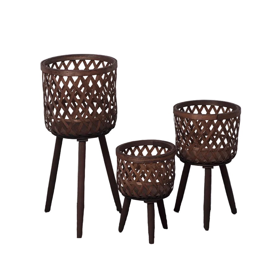 Nordic Style Rattan Flower Pot Indoor Balcony Living Room Plant Green Rose Hand-Woven Wooden High Foot Floor Flower Rack