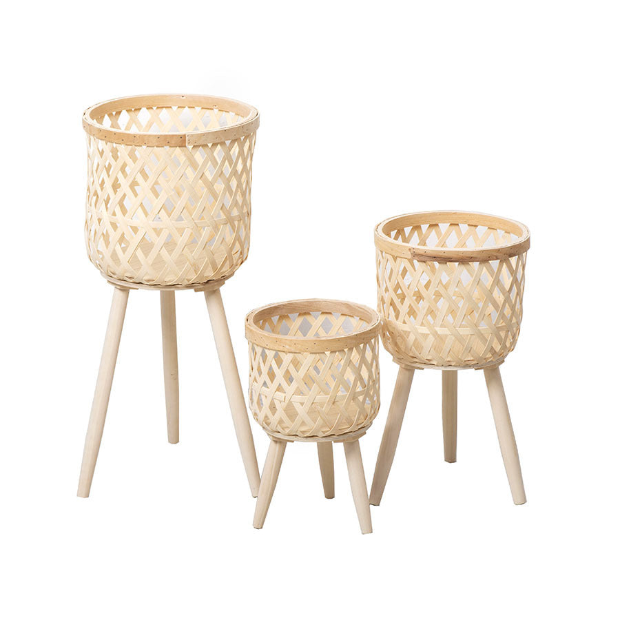 Nordic Style Rattan Flower Pot Indoor Balcony Living Room Plant Green Rose Hand-Woven Wooden High Foot Floor Flower Rack