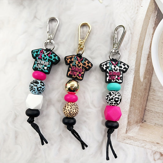 Chic Leopard Print Silicone Nurse Uniform Keychain - Beaded Charm Accessory, Perfect Gift for Staff, Doctor's Day, Pendant