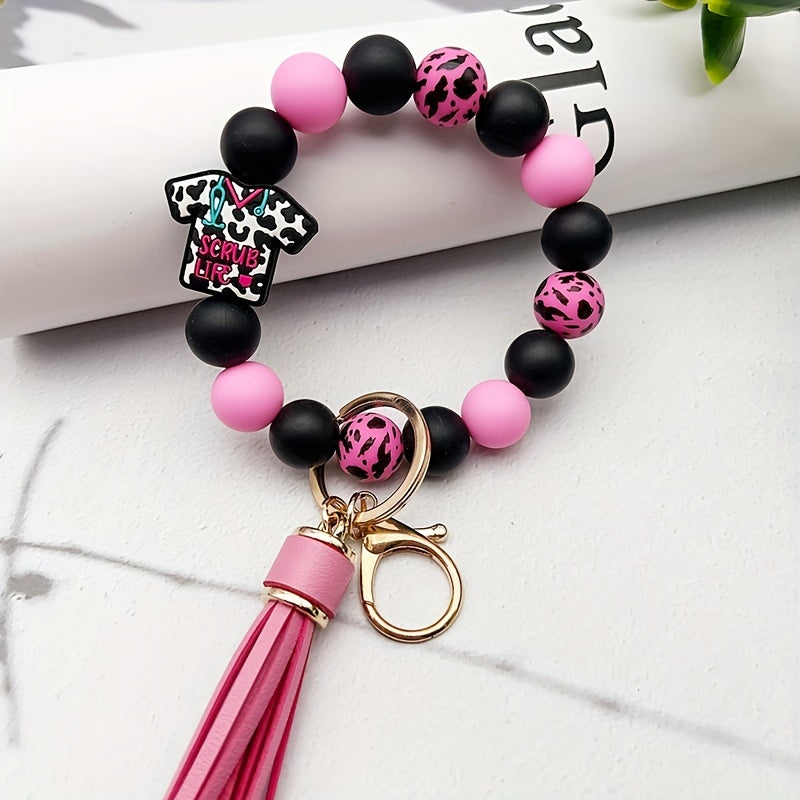 1pc Scrub Life Silicone Beaded Tassel Charm Keychain, Faux Leather Wristlet with Lobster Clasp, Round Beaded Key Ring for Women, Professional Nurse'S Day Gift, Single Piece