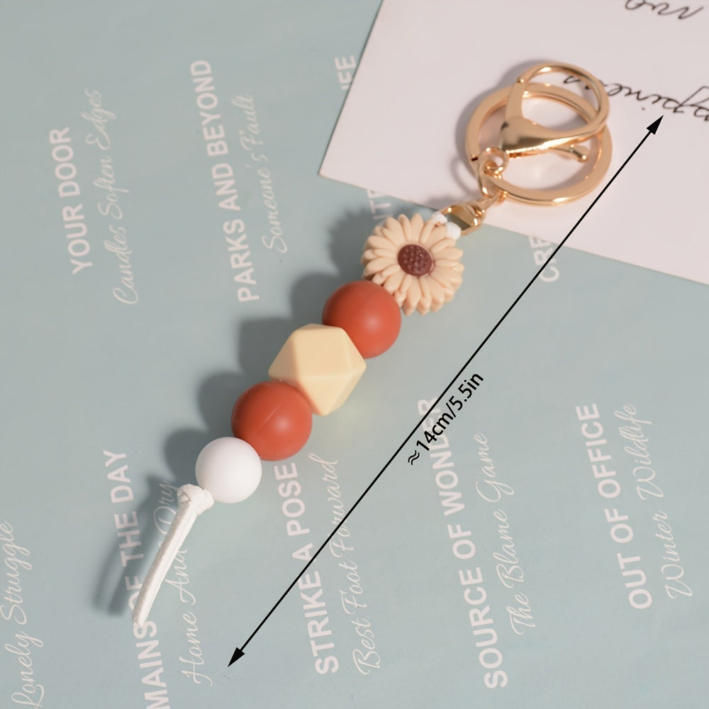 1pc Silicone Beaded Daisy Keychain, Flower Pendant Key Ring, Bag Charm, Mother's Day Gift Accessory With Golden Clasp