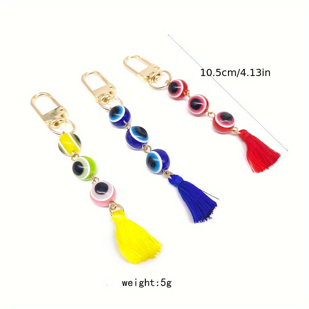 Creative Devil's Eye Tassel Keychain, Round Resin Pendant Keyring, Bag Backpack Charm Car Hanging Pendant Earbud Case Cover Accessories Women Gift